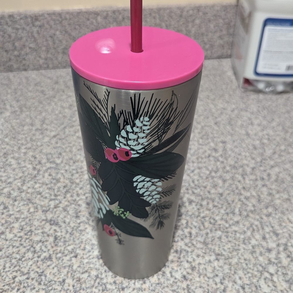 Floral Stainless Steel Tumbler with Pink Lid